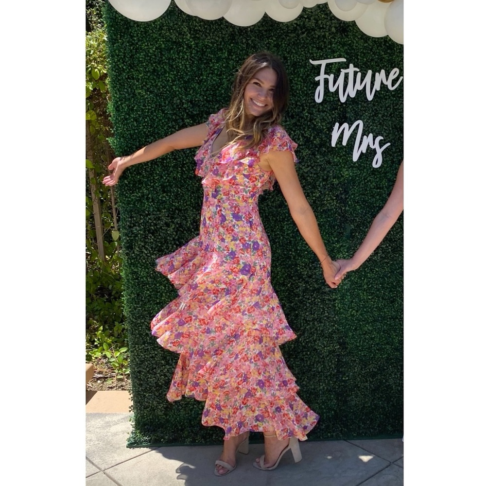 Pink bright floral midi dress